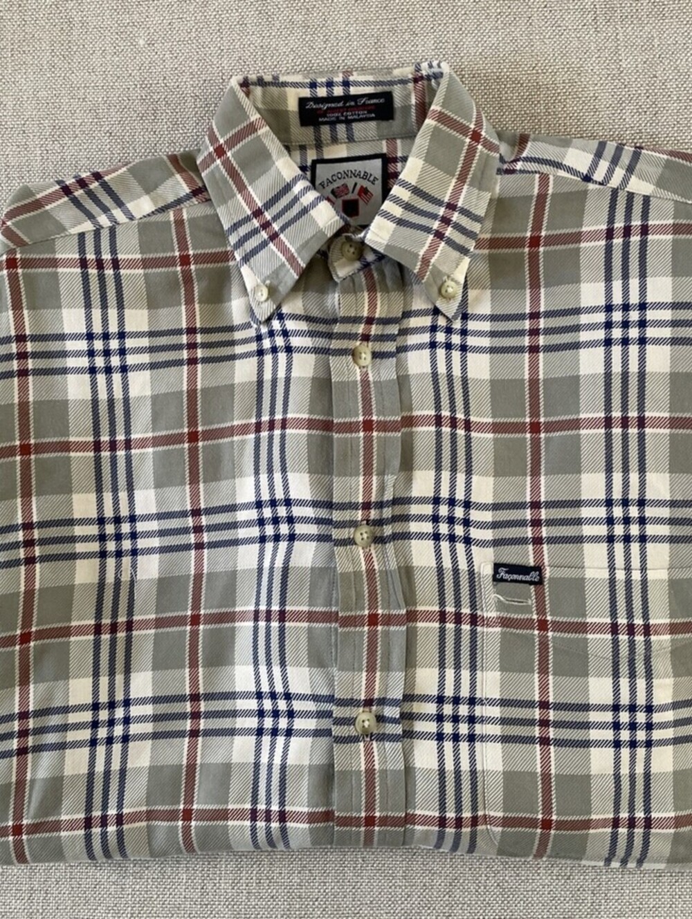 Faconnable France Button Collar Plaid Shirt Pockets S